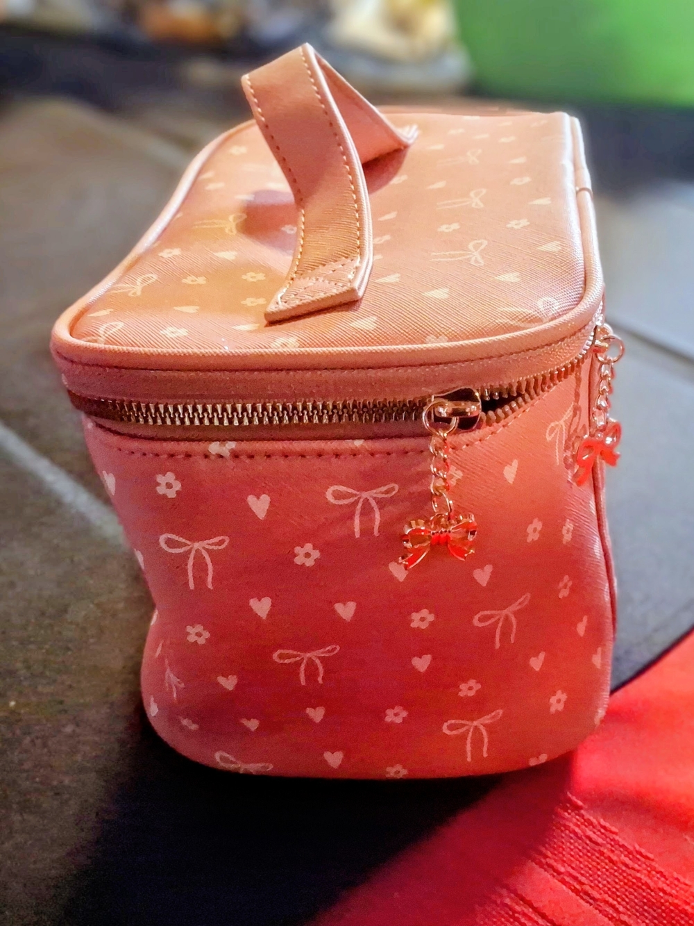 Pink Women's Cosmetic Travel Case with Bow Charm